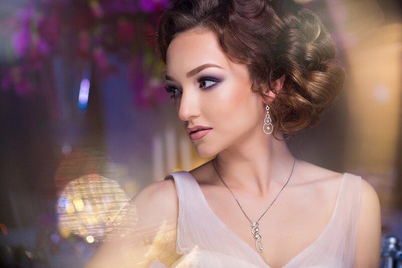 Woman with Purple Makeup — Dramatic, Night, Photograph, Jewelry