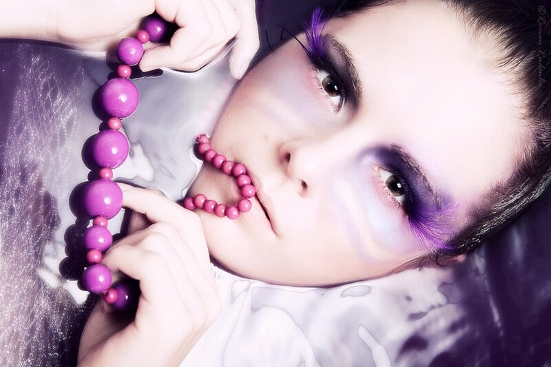 Woman with Purple Makeup — Dramatic, Photograph, Beads