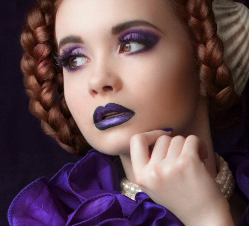 Woman with Purple Makeup — Dramatic, Photograph, Braided Hair