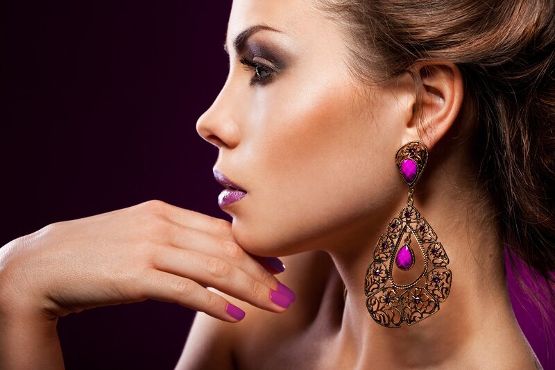 Woman with Purple Makeup — Dramatic, Photograph, Earring