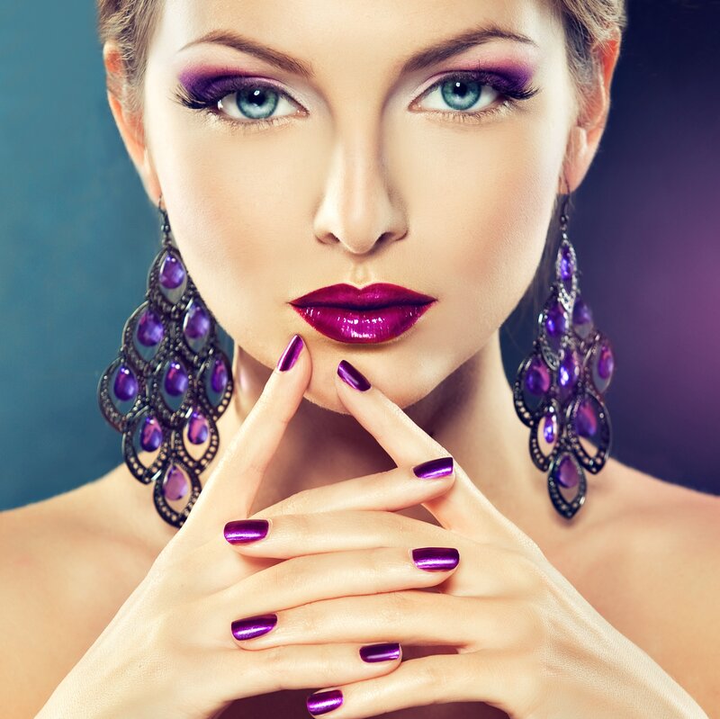 Woman with Purple Makeup — Dramatic, Photograph, Earrings, Nails