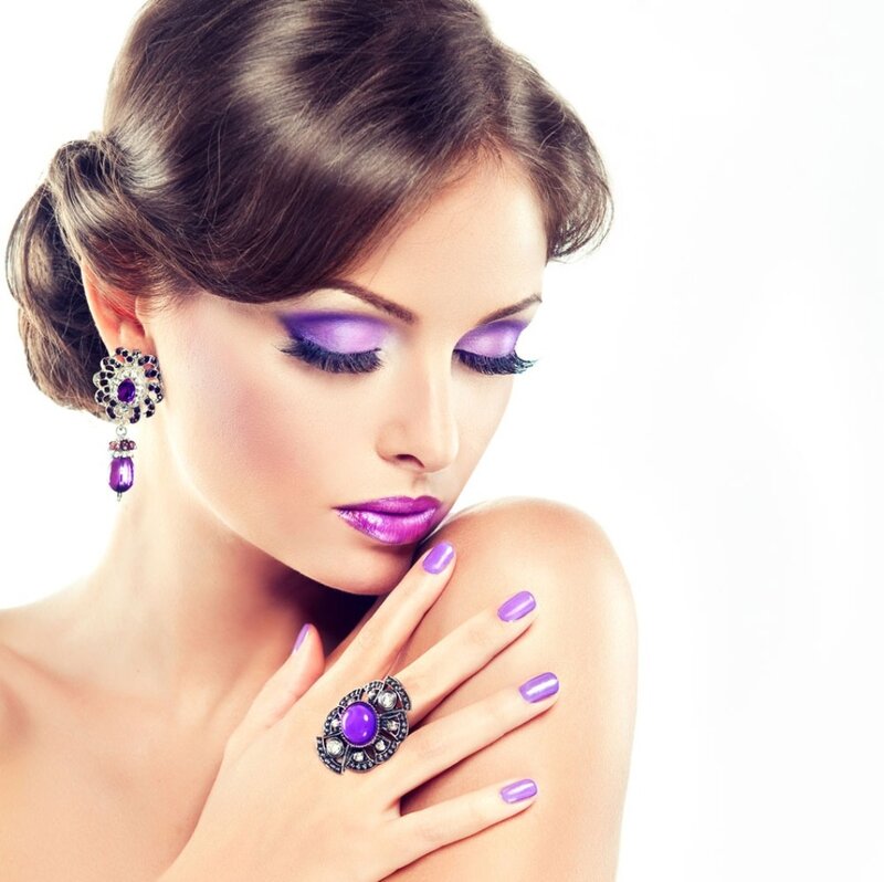 Woman with Purple Makeup — Dramatic, Photograph, Earrings, Ring