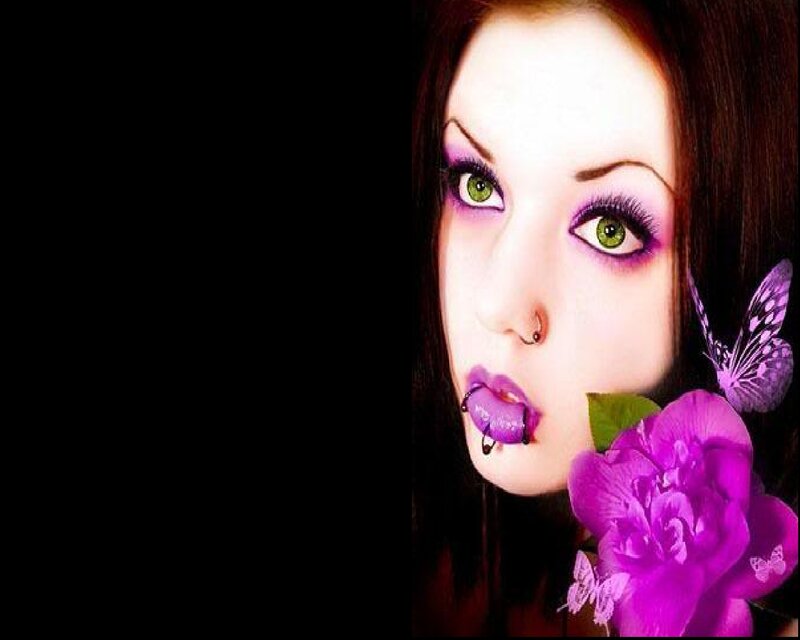 Woman with Purple Makeup — Dramatic, Photograph, Flower, Butterfly