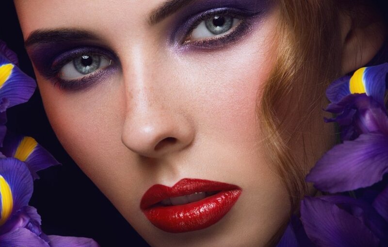 Woman with Purple Makeup — Dramatic, Photograph, Flowers, Eyes, Lips