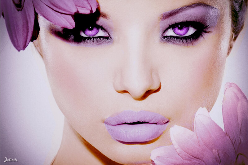 Woman with Purple Makeup — Dramatic, Photograph, Flowers, Eyes