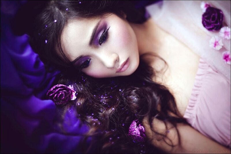 Woman with Purple Makeup — Dramatic, Photograph, Flowers, Glitter