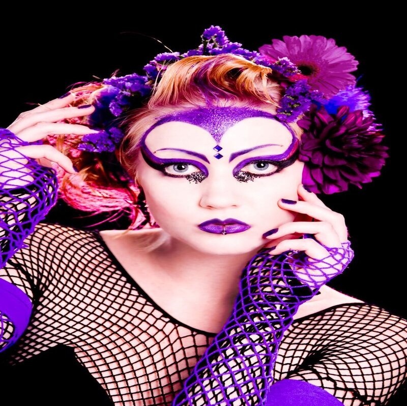 Woman with Purple Makeup — Dramatic, Photograph, Flowers