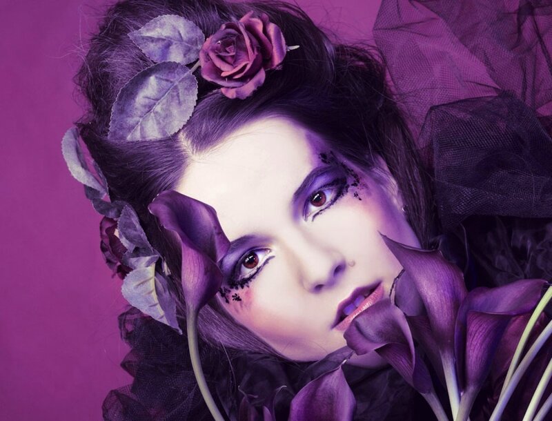 Woman with Purple Makeup — Dramatic, Photograph, Flowers, Tulle