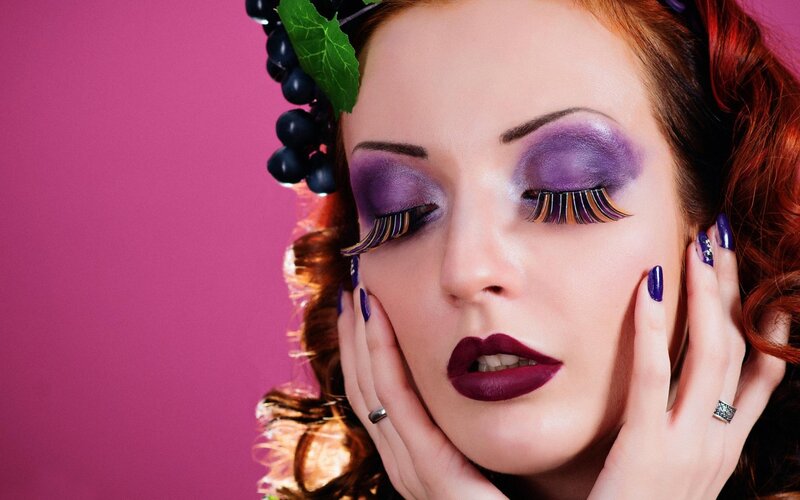 Woman with Purple Makeup — Dramatic, Photograph, Grapes