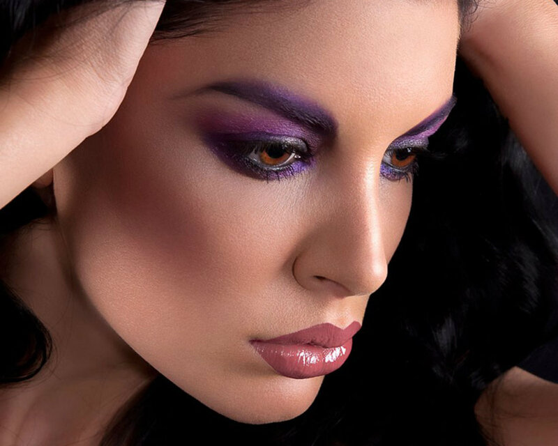 Woman with Purple Makeup — Dramatic, Photograph, Hair, Hands