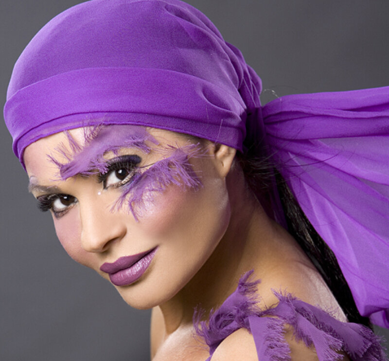Woman with Purple Makeup — Dramatic, Photograph, Headscarf