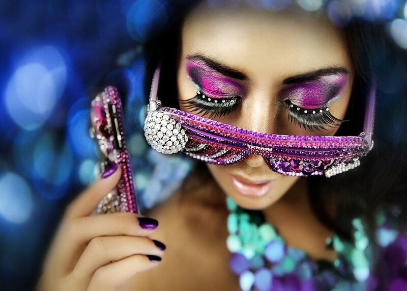 Woman with Purple Makeup — Dramatic, Photograph, Jeweled Glasses