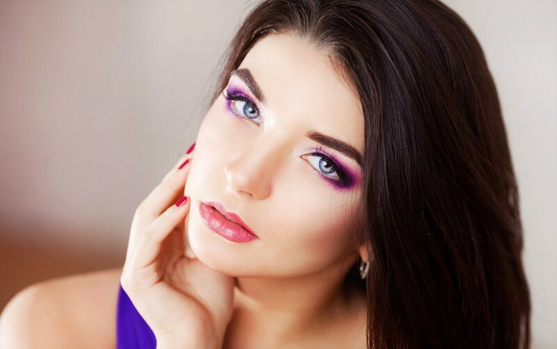 Woman with Purple Makeup — Dramatic, Photograph, Nails, Earring