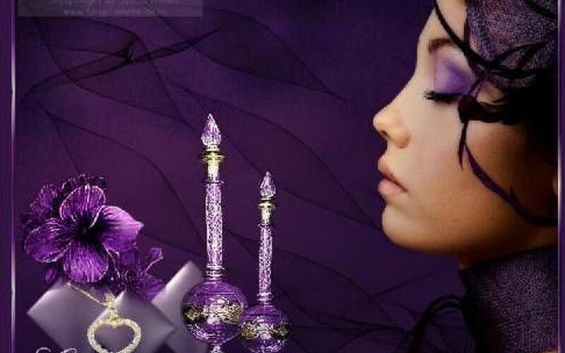 Woman with Purple Makeup — Dramatic, Photograph, Perfume Bottles