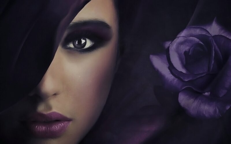 Woman with Purple Makeup — Dramatic, Photograph, Rose