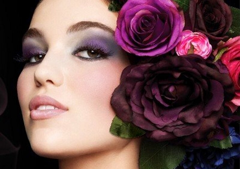 Woman with Purple Makeup — Dramatic, Photograph, Roses