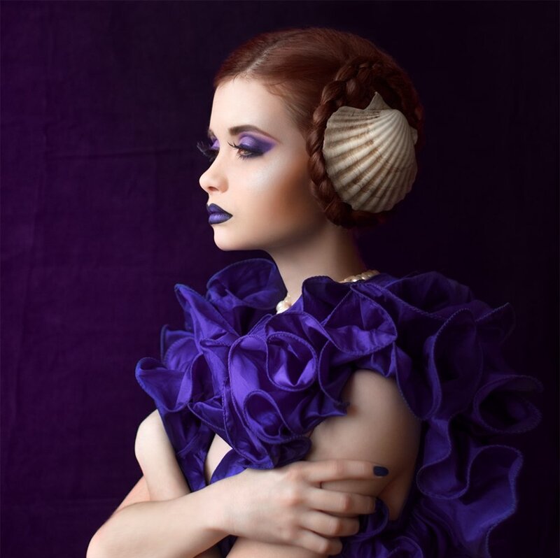 Woman with Purple Makeup — Dramatic, Photograph, Seashell