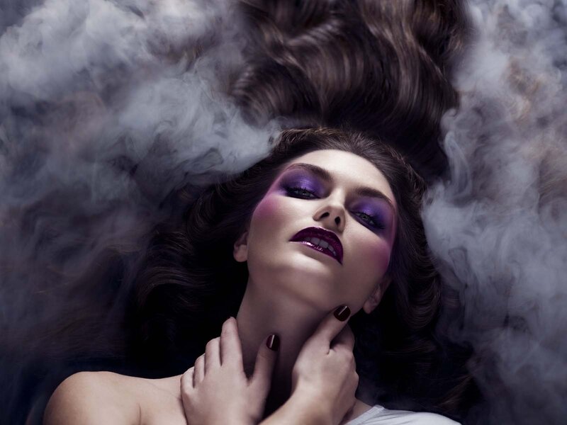 Woman with Purple Makeup — Dramatic, Photograph, Smoke
