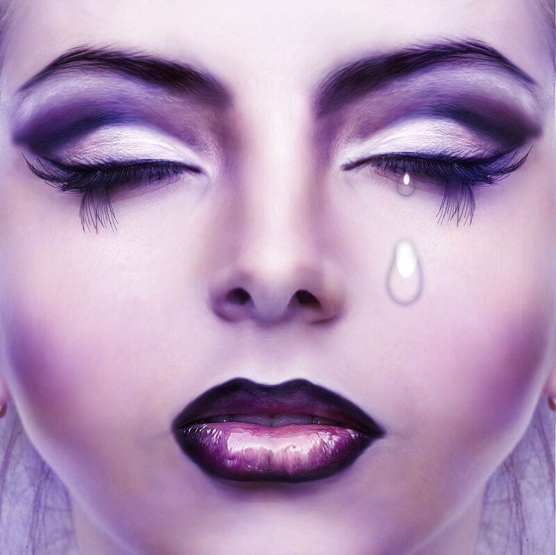 Woman with Purple Makeup — Dramatic, Photograph, Tear