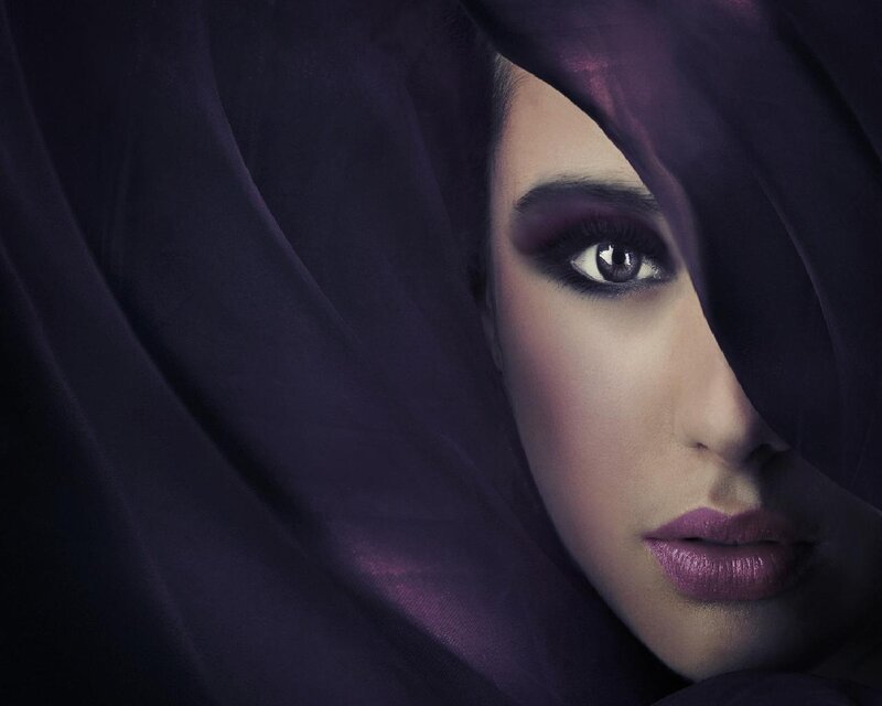 Woman with Purple Makeup — Dramatic, Photograph, Veil, Eye
