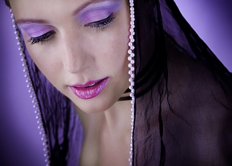 Woman with Purple Makeup — Dramatic, Photograph, Veil, Pearls