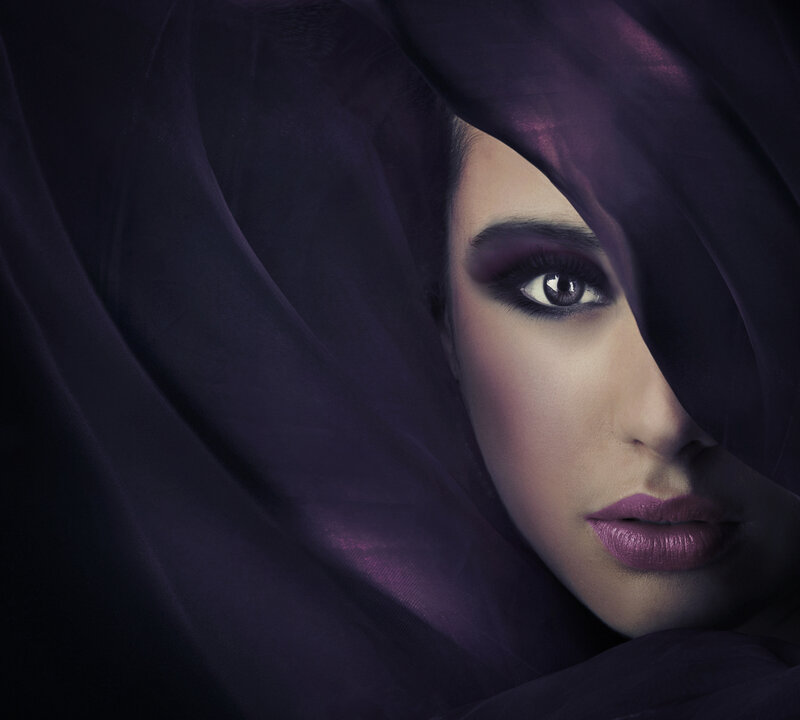 Woman with Purple Makeup — Dramatic, Photograph, Veil