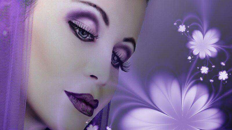 Woman with Purple Makeup — Dreamy, Digital Art, Veil, Flowers