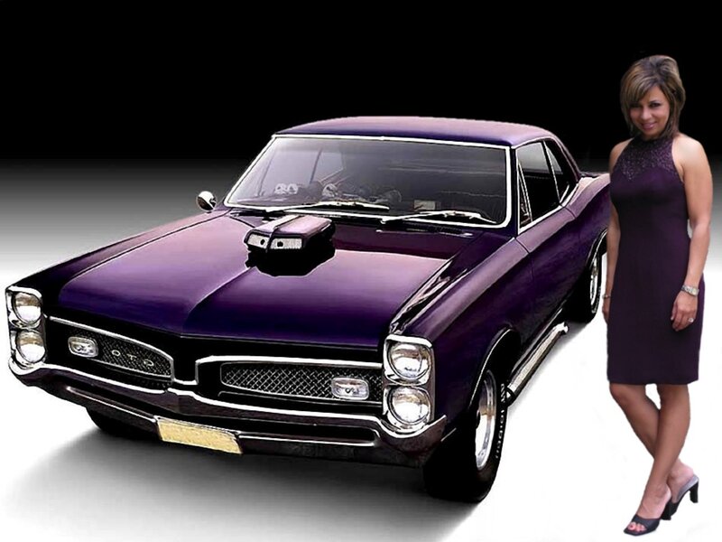 Woman with purple muscle car