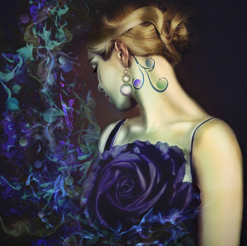 Woman with Purple Rose — Dramatic, Night, Digital Art