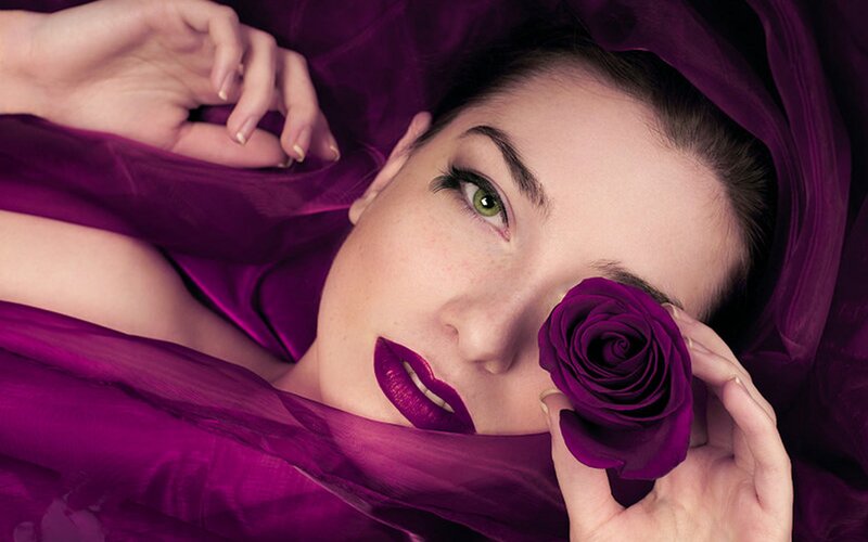 Woman with Purple Rose — Dramatic, Photograph, Purple Fabric