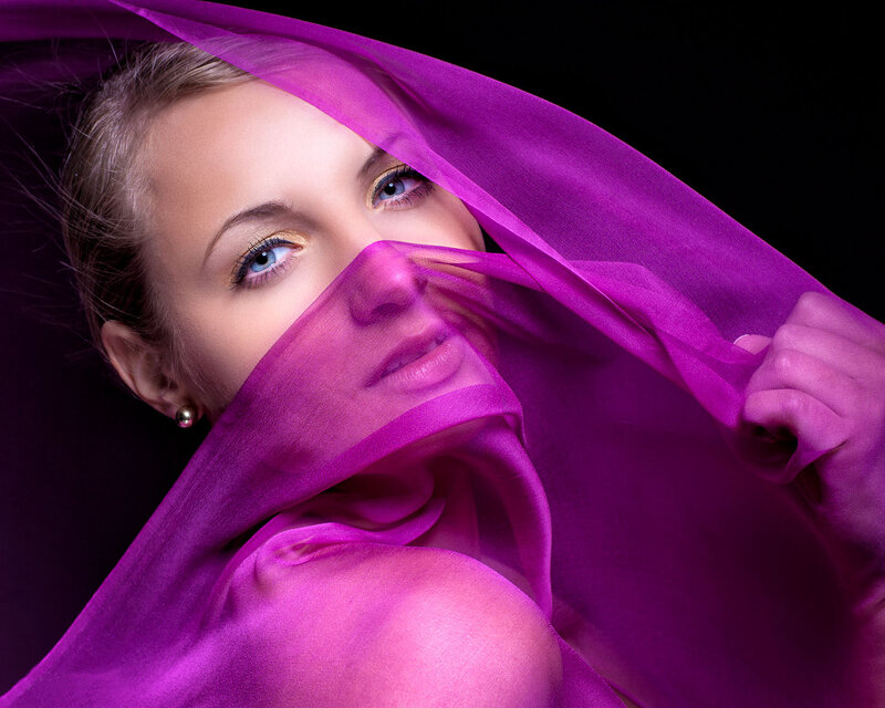 Woman with Purple Scarf — Dramatic, Photograph, Earring