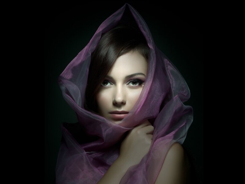 Woman with Purple Scarf — Dramatic, Photograph, Makeup