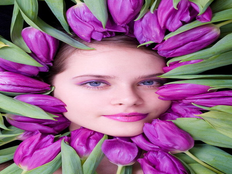 woman with purple tulip wreath