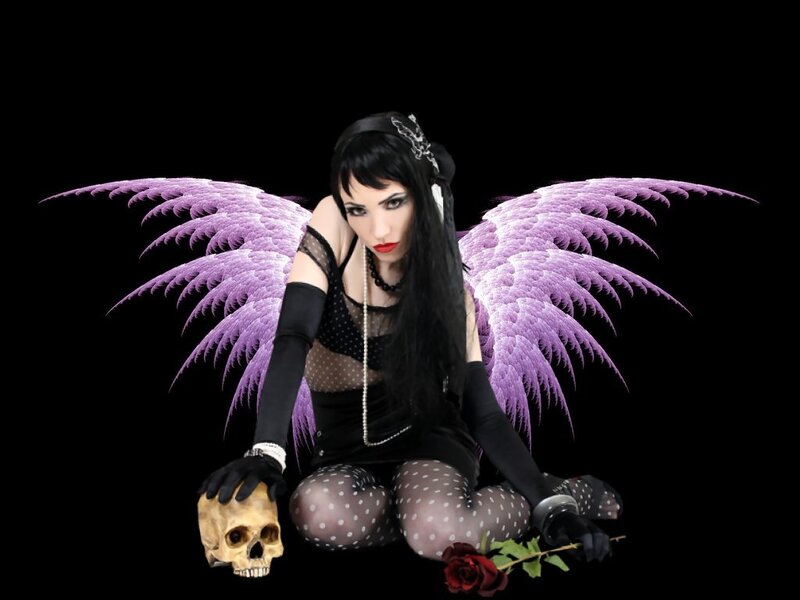 woman with purple wings and skull