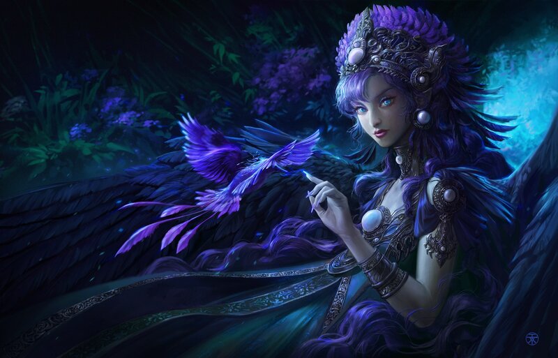 Woman with Purple Wings — Dramatic, Night, Digital Art, Bird