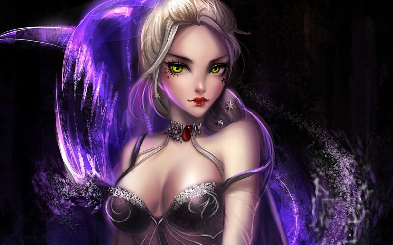 Woman with Purple Wings — Dramatic, Night, Digital Art, Green Eyes, Choker
