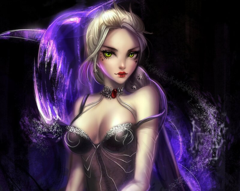 Woman with Purple Wings — Dramatic, Night, Digital Art, Green Eyes