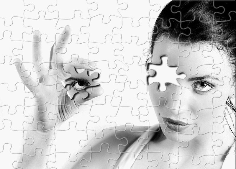 Woman with Puzzle Pieces — Black, Dramatic