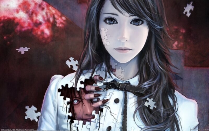 Woman with Puzzle Pieces — White, Dramatic, Digital Art