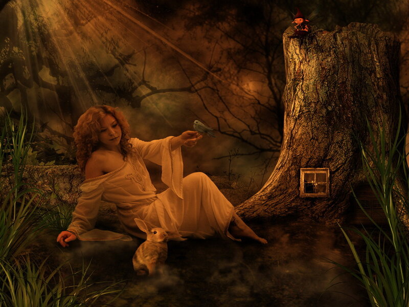 Woman with Rabbit and Bird