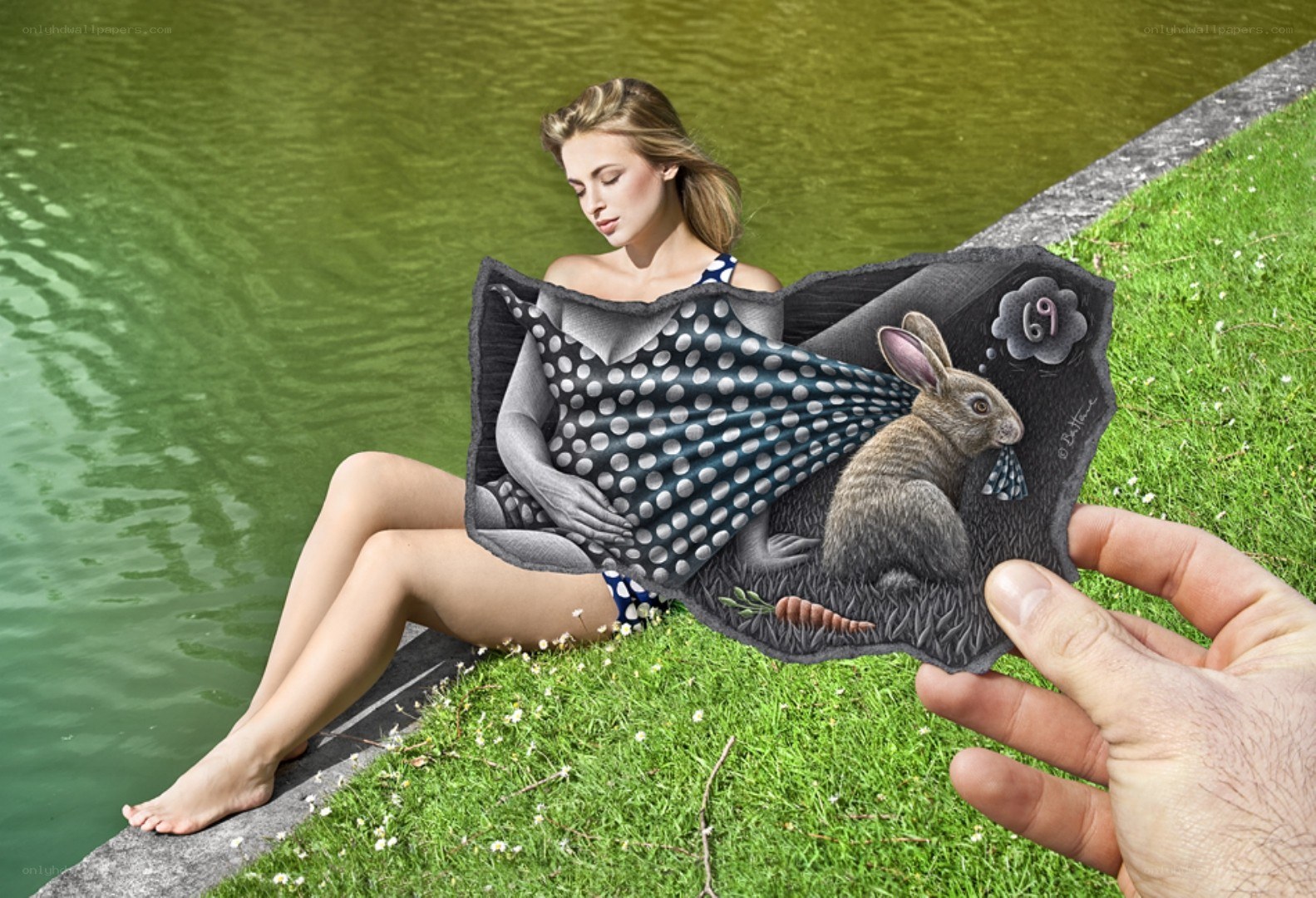 woman with rabbit drawing