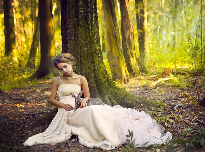 Woman with Rabbit — Green, Serene