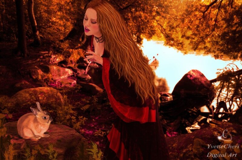 Woman with Rabbit in Forest — Orange