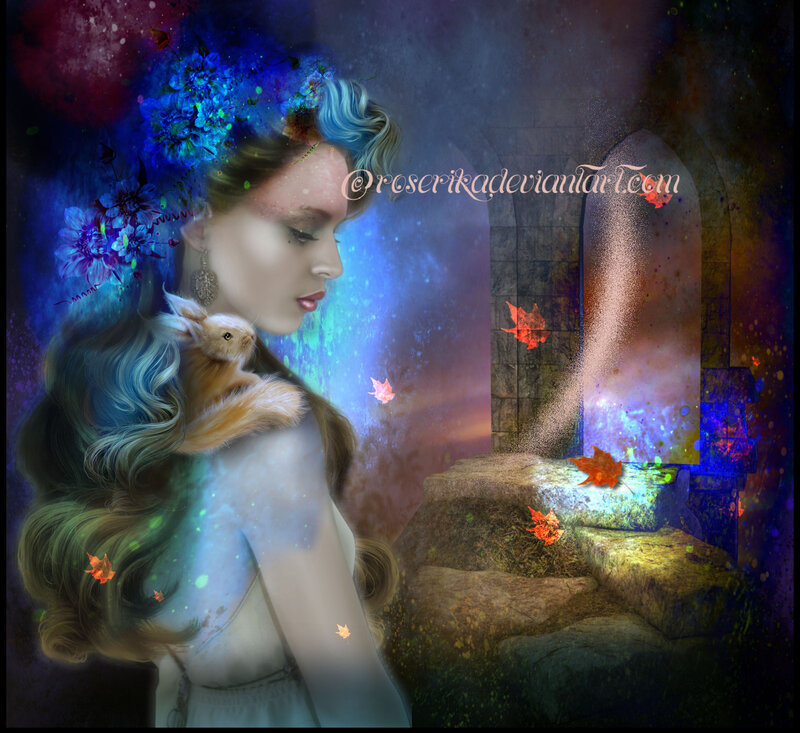 Woman with Rabbit on Shoulder — Blue