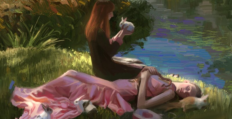 Woman with Rabbits — Green, Serene, Afternoon, Digital Art
