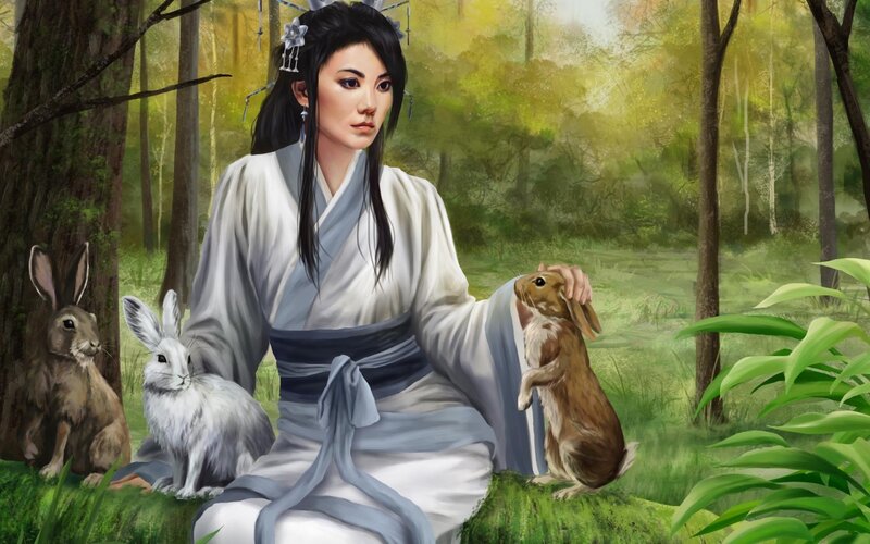 Woman with Rabbits — Green, Serene