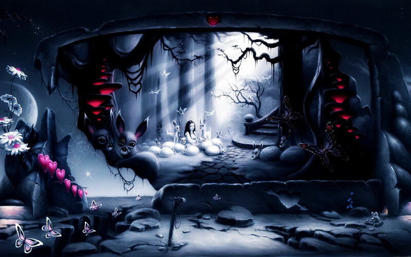 Woman with Rabbits in Cave — Black