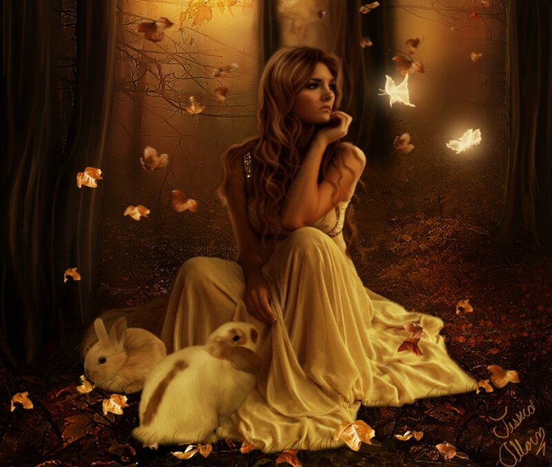 Woman with Rabbits in Forest