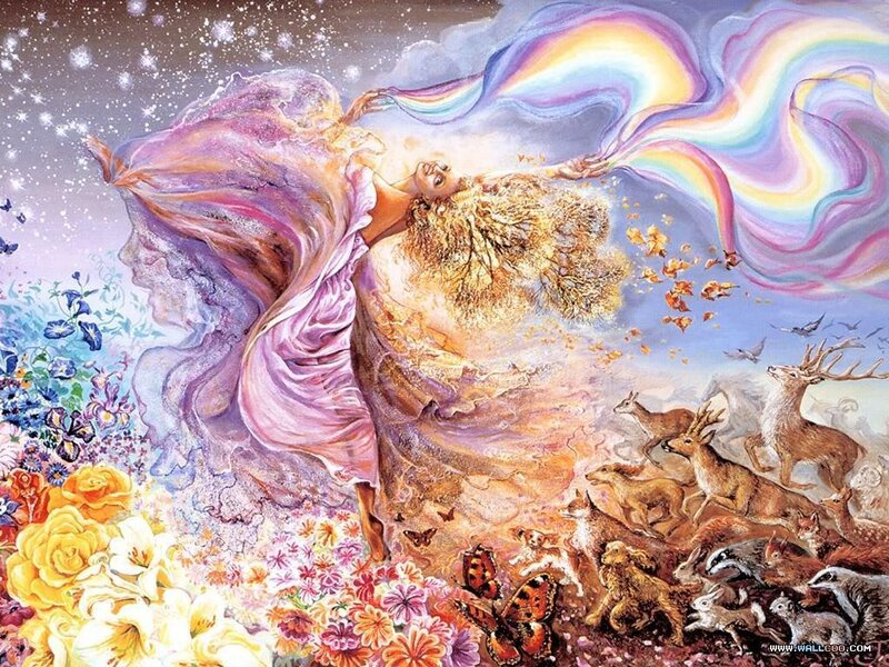 woman with rainbow and animals