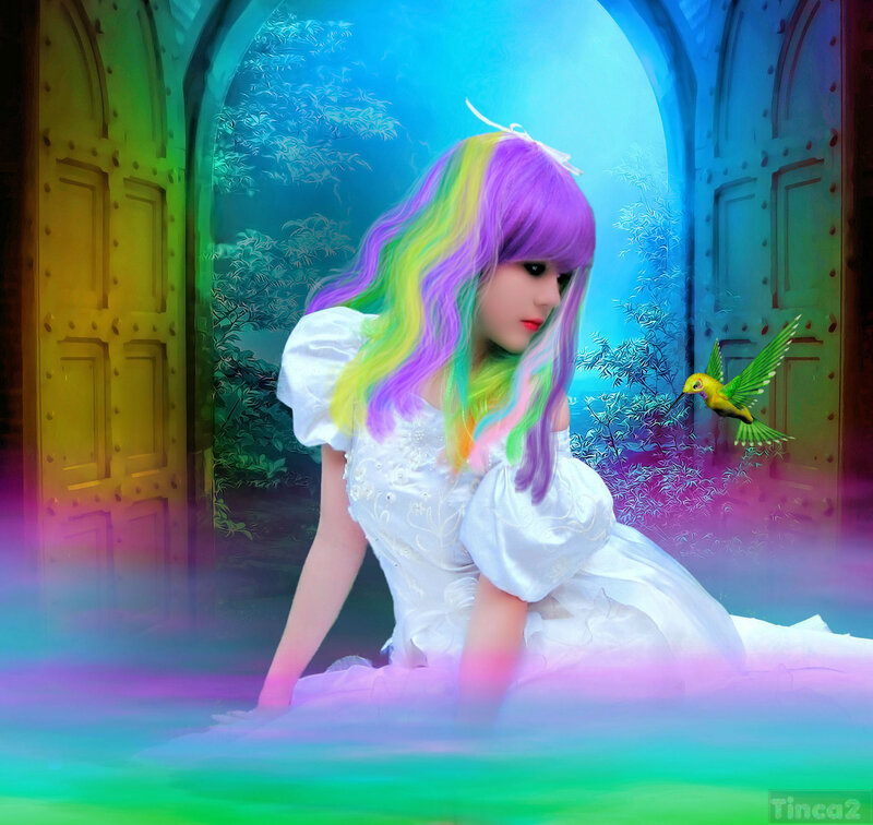 Woman with Rainbow Hair — White